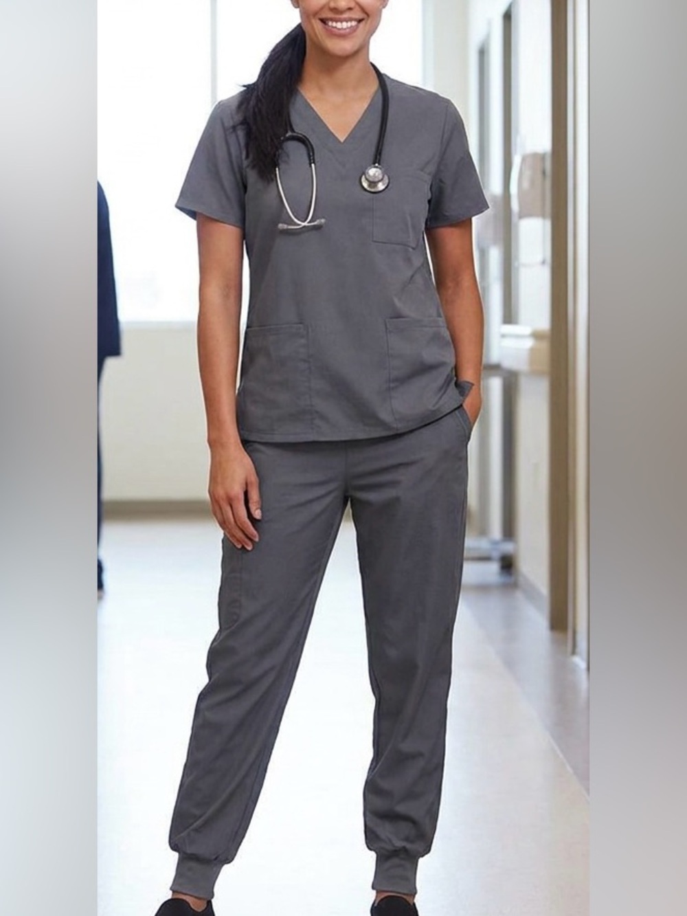 Modern Grey Medical Scrubs Set – V-Neck Top & Cuffed Jogger Pants